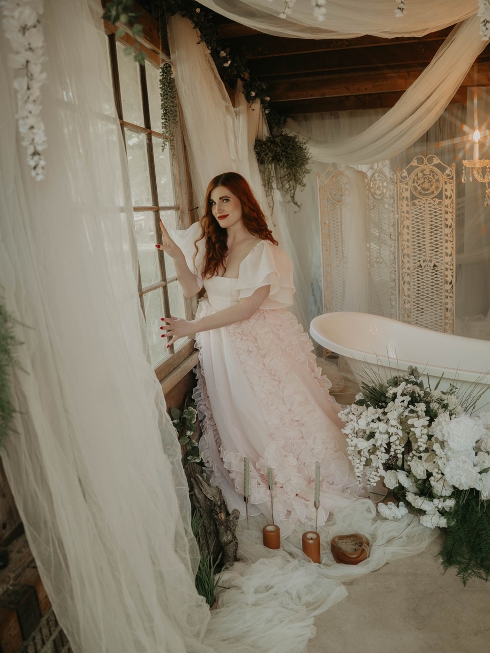 Selkie Blush Riviera Pink Ruffled Ball Gown Dress with removable sleeves - Picture 7 of 7
